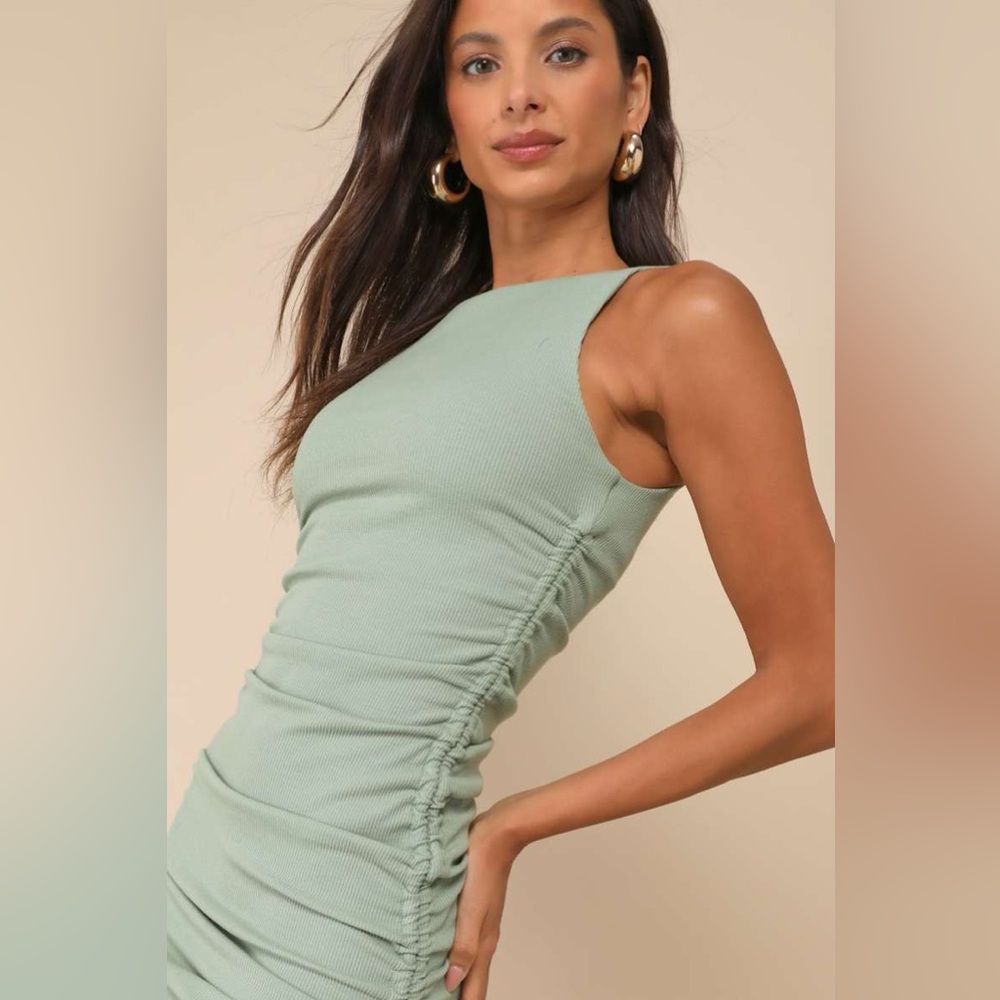 Lulu’s Over and Over Sage Green Ribbed Drawstring Ruched Bodycon Dress - Picture 2 of 9